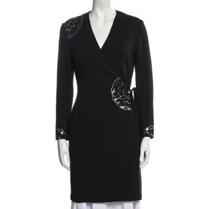 ST JOHN EVENING BLACK KNIT WRAP MINI DRESS Silver Embroidery Pearl Classy Luxury
